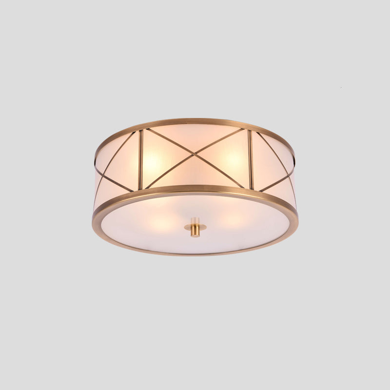 Cream Glass Drum Shaped Flush Mount Lighting Classic Corridor Flush Mount Fixture in Gold