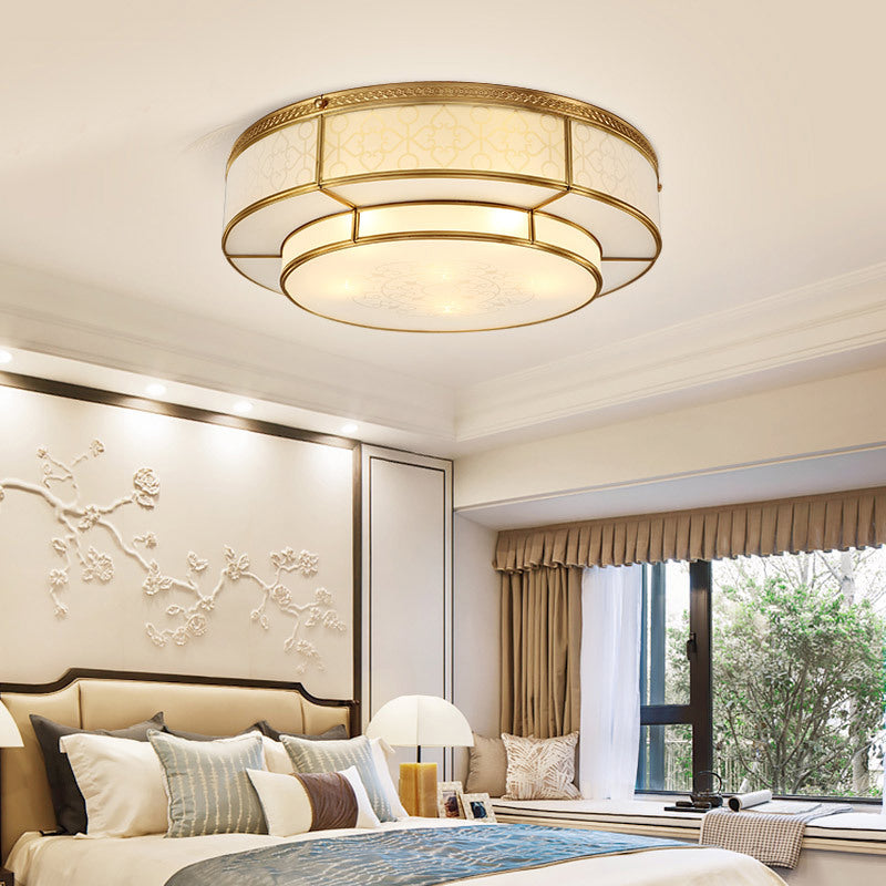 Vintage 2 Layers Flush Mount Lighting Frost Glass Flush Mount Ceiling Light in Gold for Living Room