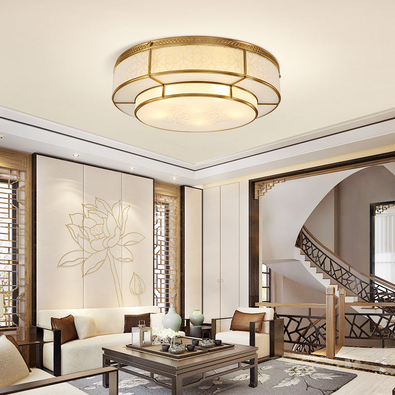 Vintage 2 Layers Flush Mount Lighting Frost Glass Flush Mount Ceiling Light in Gold for Living Room