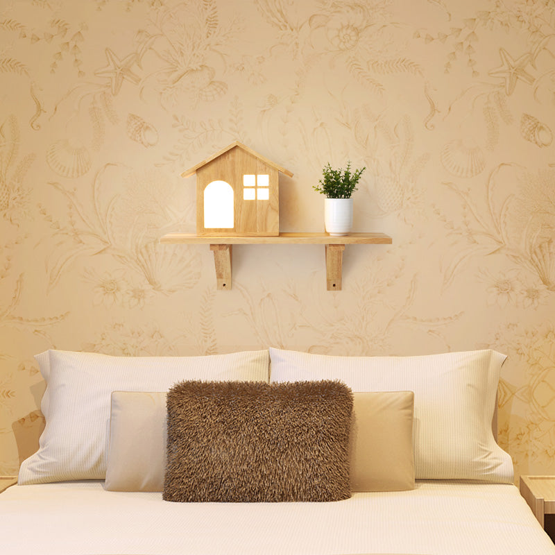 Belle petite maison murale avec étagère à lampe murale à LED en bois en beige pour le salon