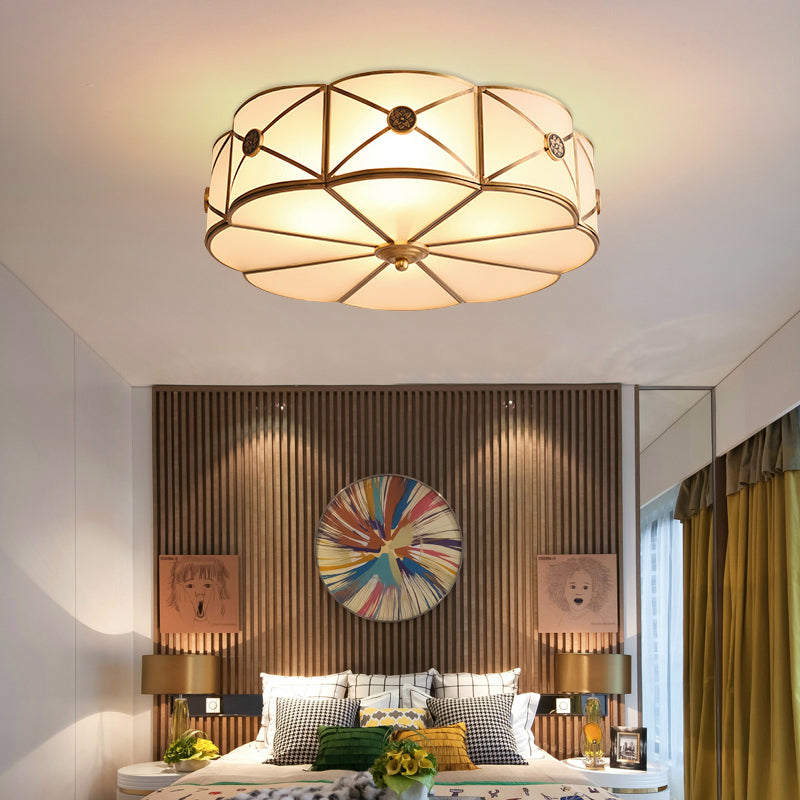 Opal Glass Scalloped Edge Semi Flush Chandelier Vintage Bedroom Flush Lighting Fixture in Gold