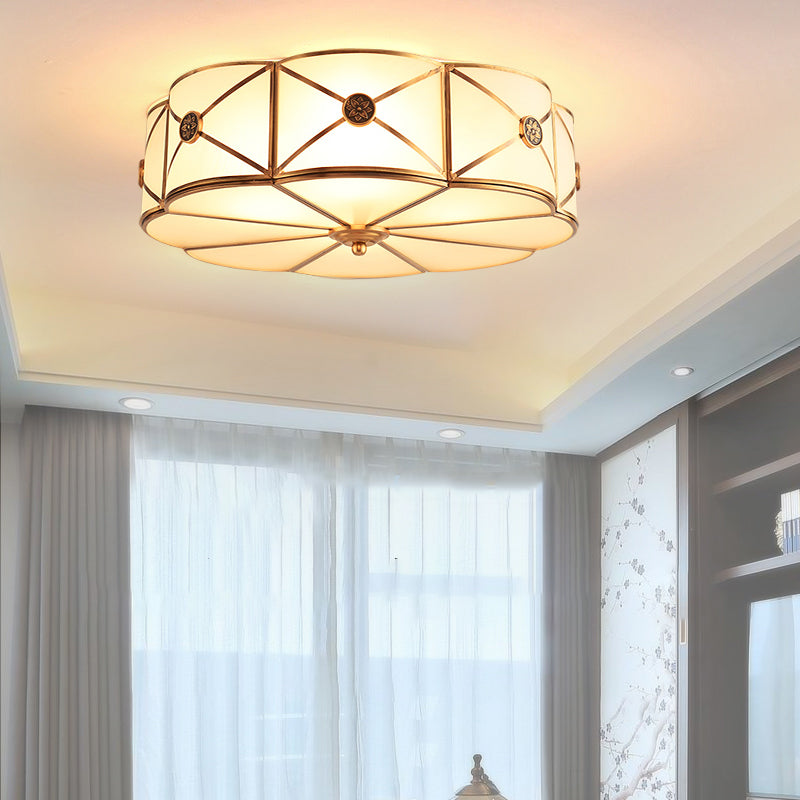 Opal Glass Scalloped Edge Semi Flush Chandelier Vintage Bedroom Flush Lighting Fixture in Gold