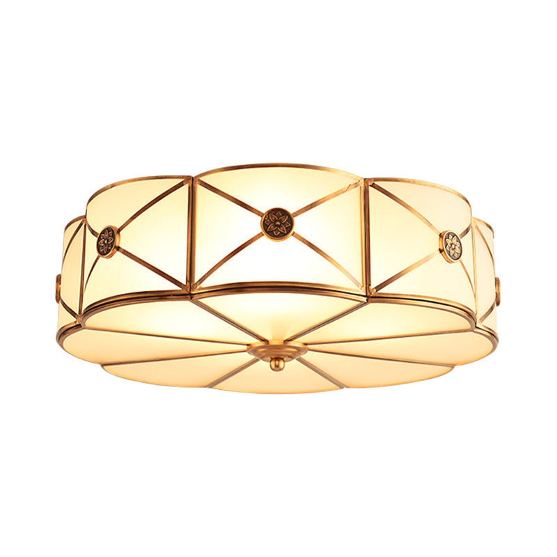 Opal Glass Scalloped Edge Semi Flush Chandelier Vintage Bedroom Flush Lighting Fixture in Gold