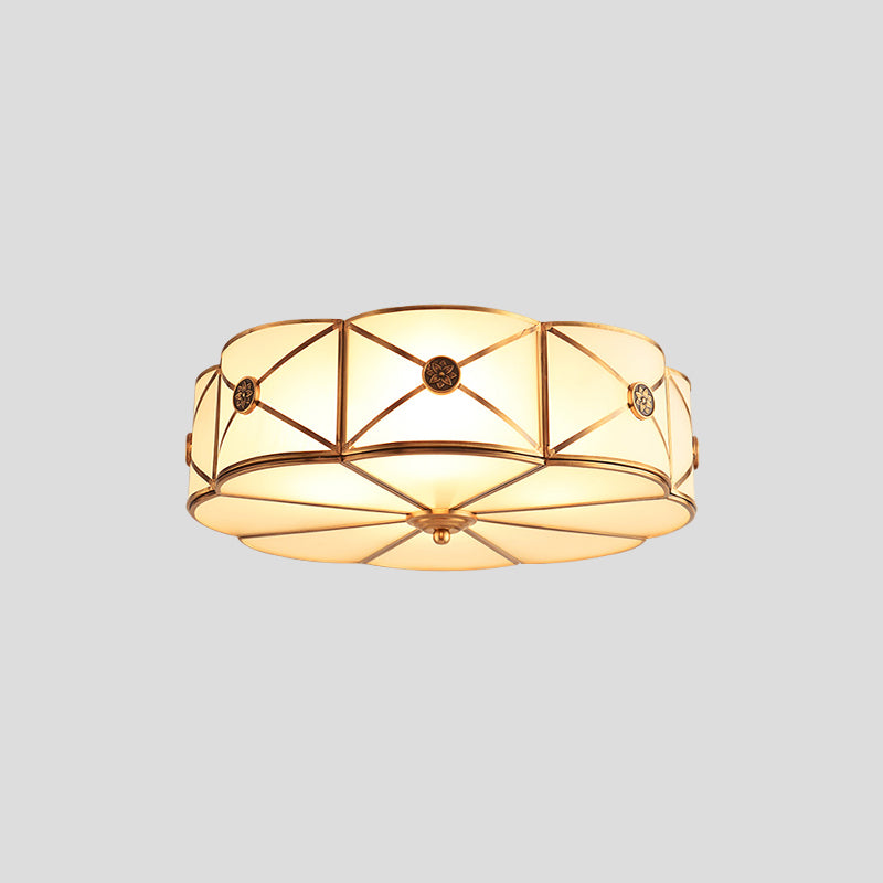 Opal Glass Scalloped Edge Semi Flush Chandelier Vintage Bedroom Flush Lighting Fixture in Gold