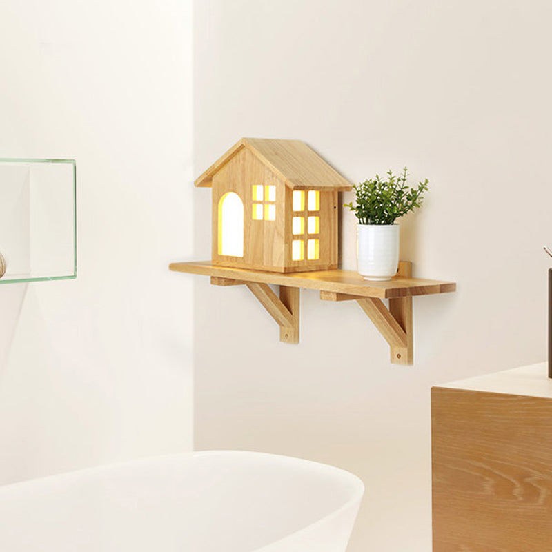 Lovely Little House Wall Light with Shelf Wood LED Wall Lamp in Beige for Living Room