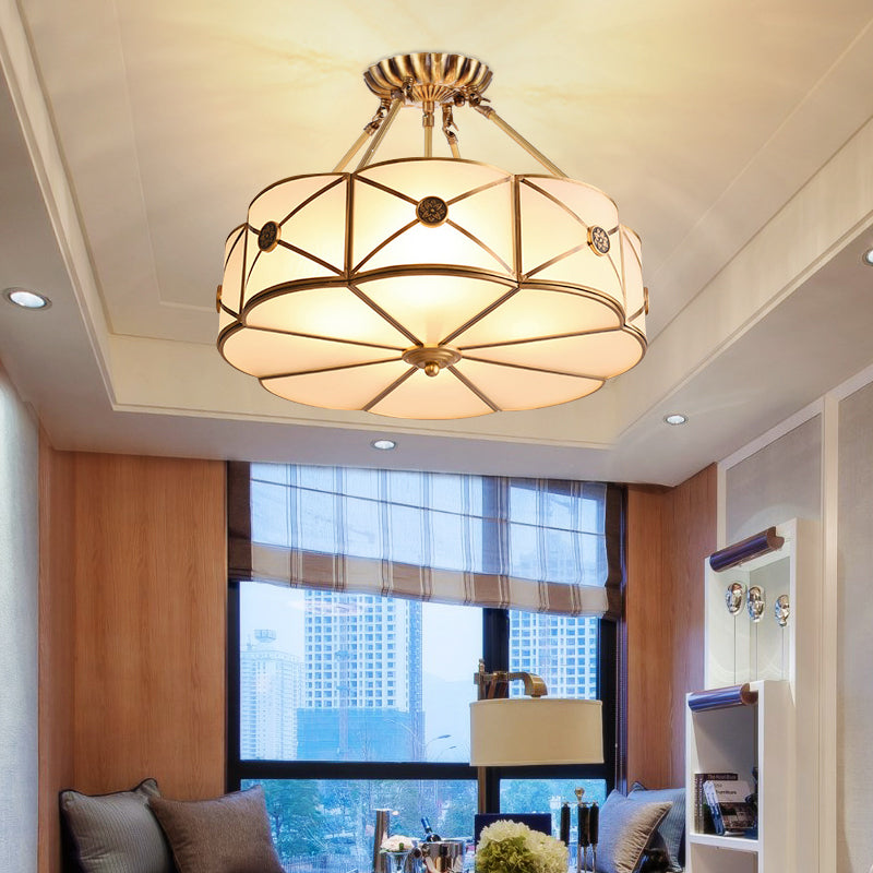 Opal Glass Scalloped Edge Semi Flush Chandelier Vintage Bedroom Flush Lighting Fixture in Gold