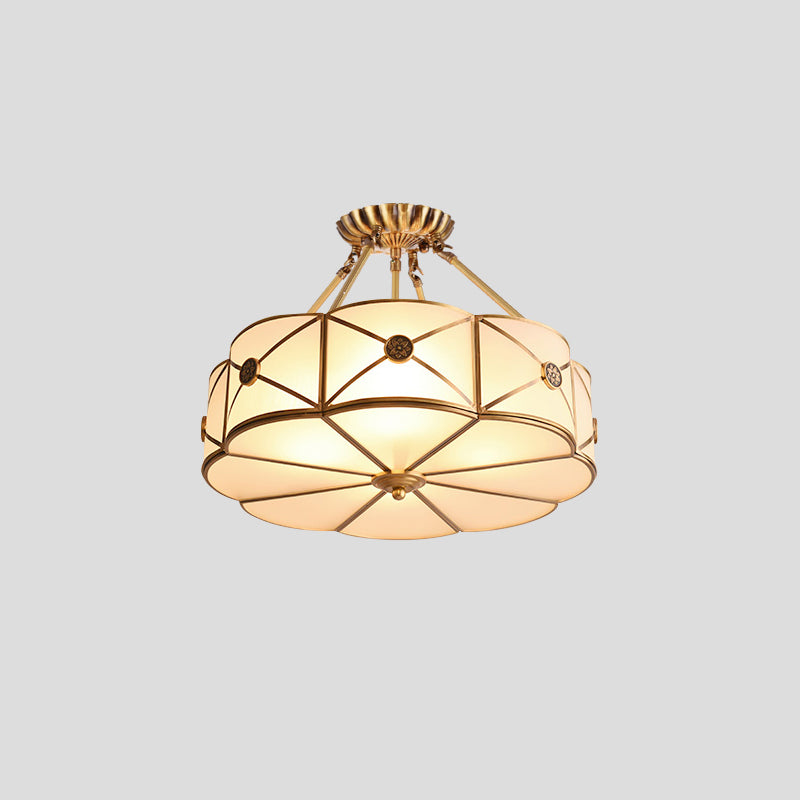 Opal Glass Scalloped Edge Semi Flush Chandelier Vintage Bedroom Flush Lighting Fixture in Gold