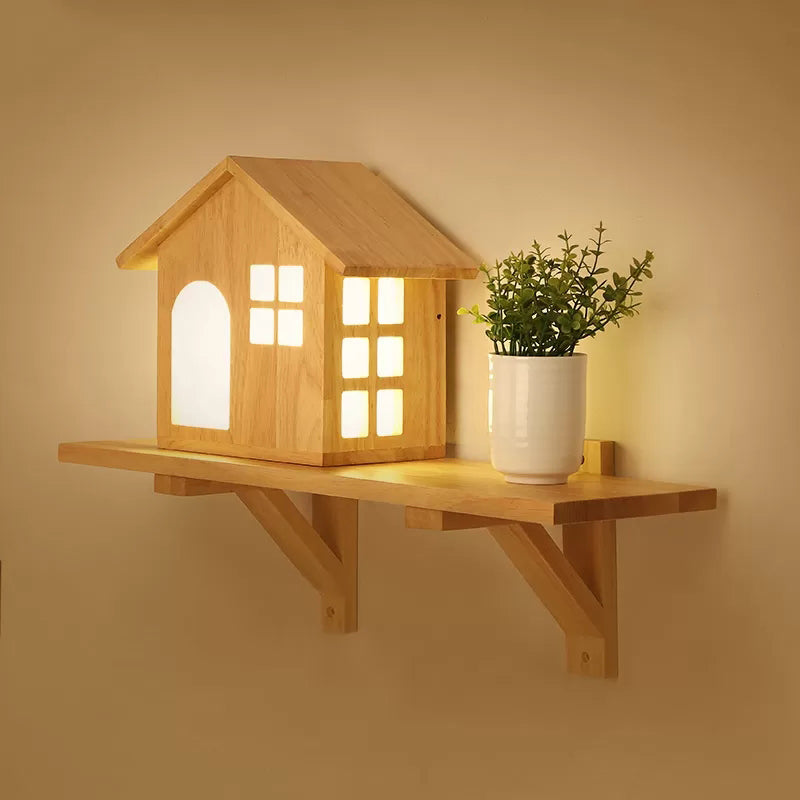 Belle petite maison murale avec étagère à lampe murale à LED en bois en beige pour le salon