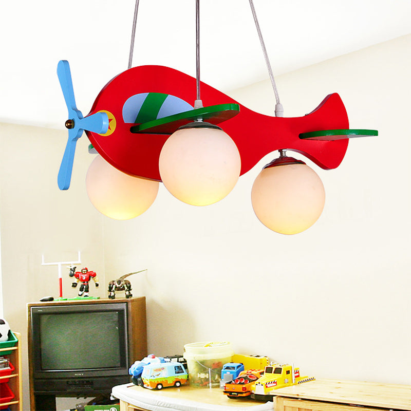 Aircraft Shaped Nursery LED Lighting Fixture Wood Modern Chandelier Light with Cream Glass Shade