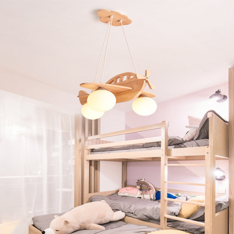Wood Aircraft Shaped Chandelier Pendant Light Contemporary Beige LED Ceiling Light with Opal Glass Shade