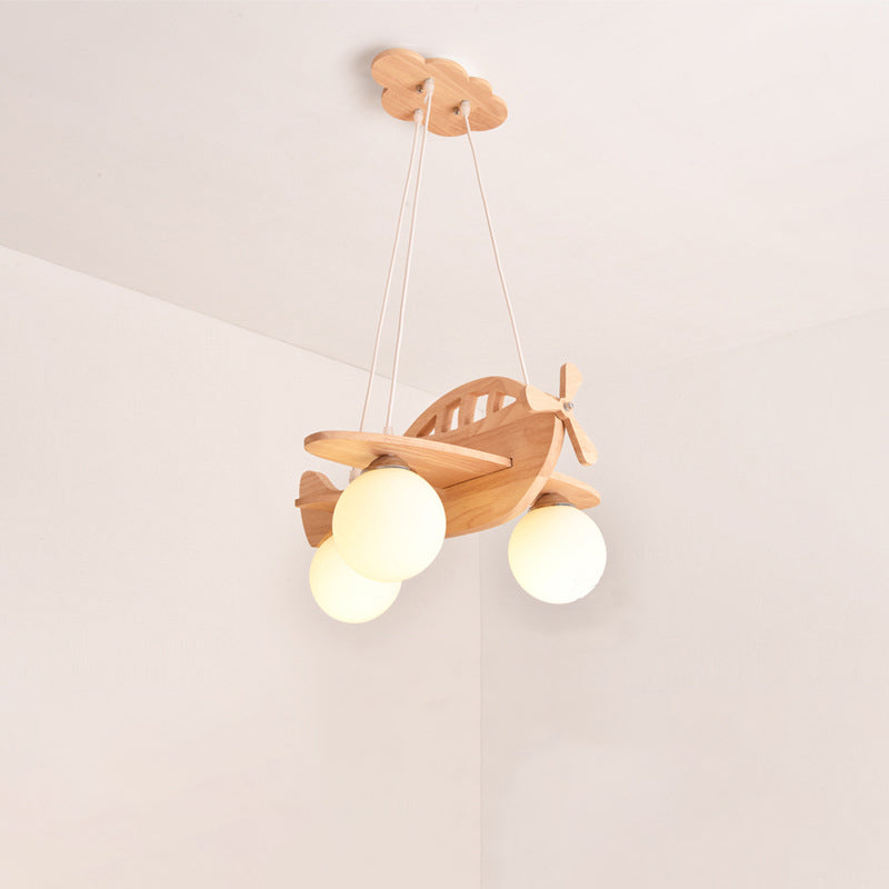 Wood Aircraft Shaped Chandelier Pendant Light Contemporary Beige LED Ceiling Light with Opal Glass Shade