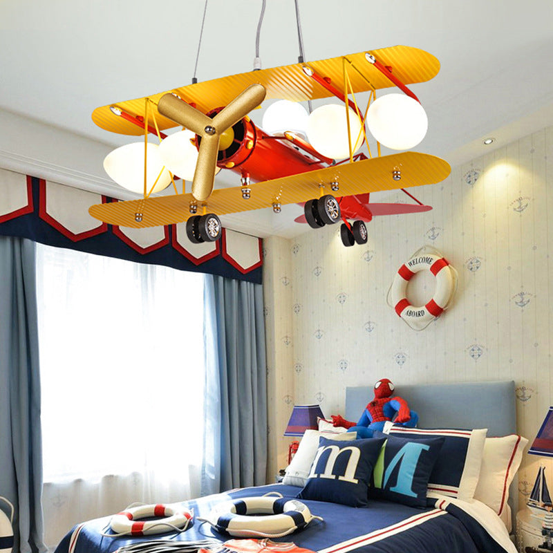 Yellow Plane Shaped LED Ceiling Lighting Cartoon Metal Chandelier Light Fixture with Frosted Glass Shade