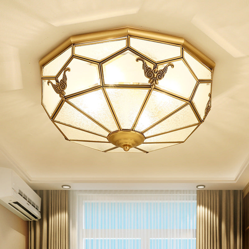 Vintage Dome Shaped Flush Light Frost Glass Flush Ceiling Light Fixture in Gold for Living Room