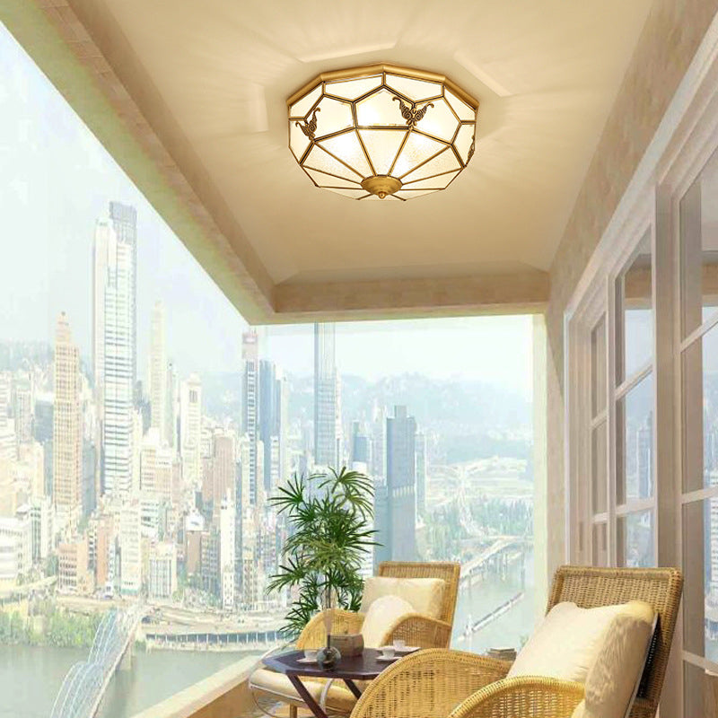 Vintage Dome Shaped Flush Light Frost Glass Flush Ceiling Light Fixture in Gold for Living Room
