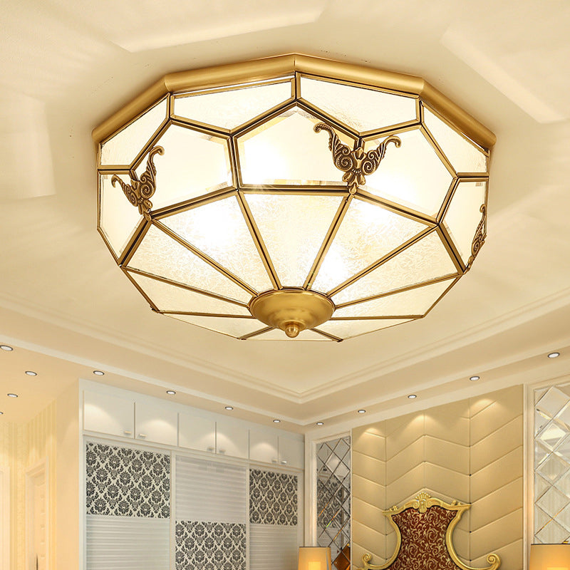 Vintage Dome Shaped Flush Light Frost Glass Flush Ceiling Light Fixture in Gold for Living Room