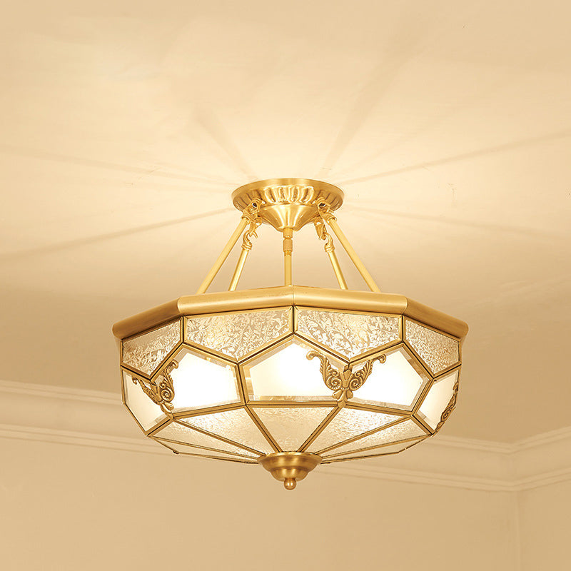 Vintage Dome Shaped Flush Light Frost Glass Flush Ceiling Light Fixture in Gold for Living Room