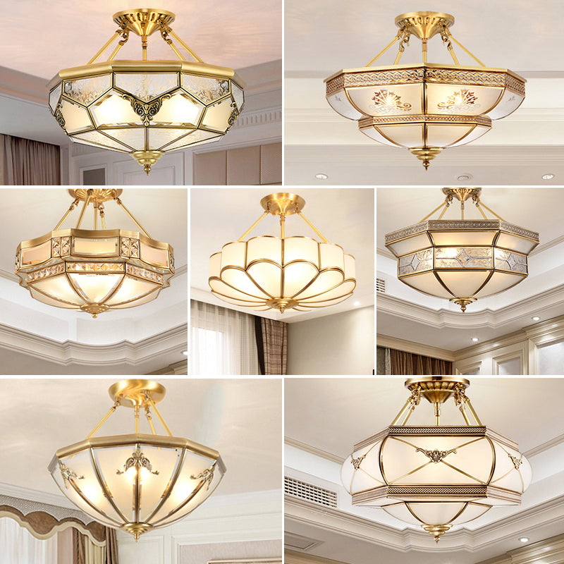 Bowl Shaped Frost Glass Flush Mount Lighting Classic Bedroom Semi Flush Chandelier in Gold