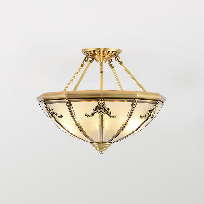Bowl Shaped Frost Glass Flush Mount Lighting Classic Bedroom Semi Flush Chandelier in Gold
