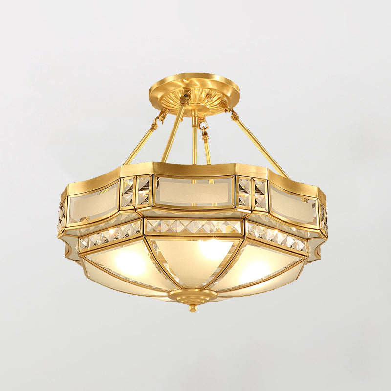 Bowl Shaped Frost Glass Flush Mount Lighting Classic Bedroom Semi Flush Chandelier in Gold