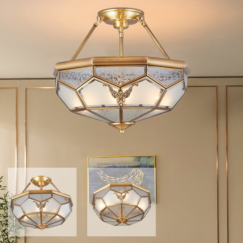Bowl Shaped Metal Semi Flush Chandelier Simplicity Corridor Flush Ceiling Light in Gold