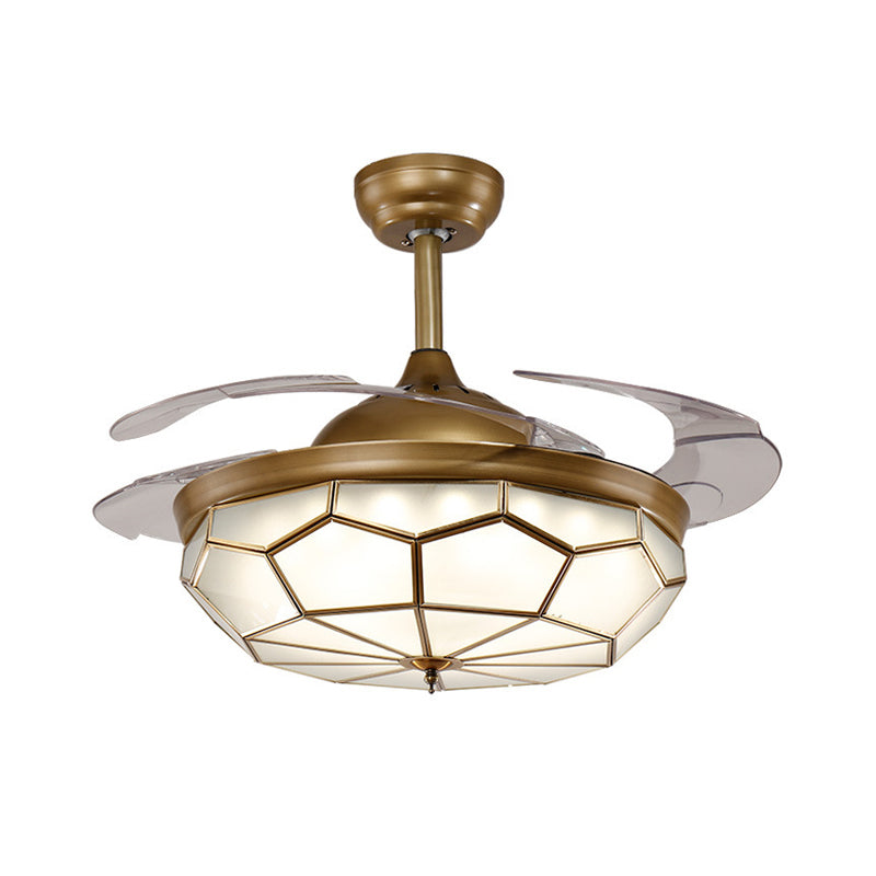 4 Blades Classic Geometric Shaped Ceiling Fan Light Frost Glass 42" Wide LED Semi Mount Lighting in Brass