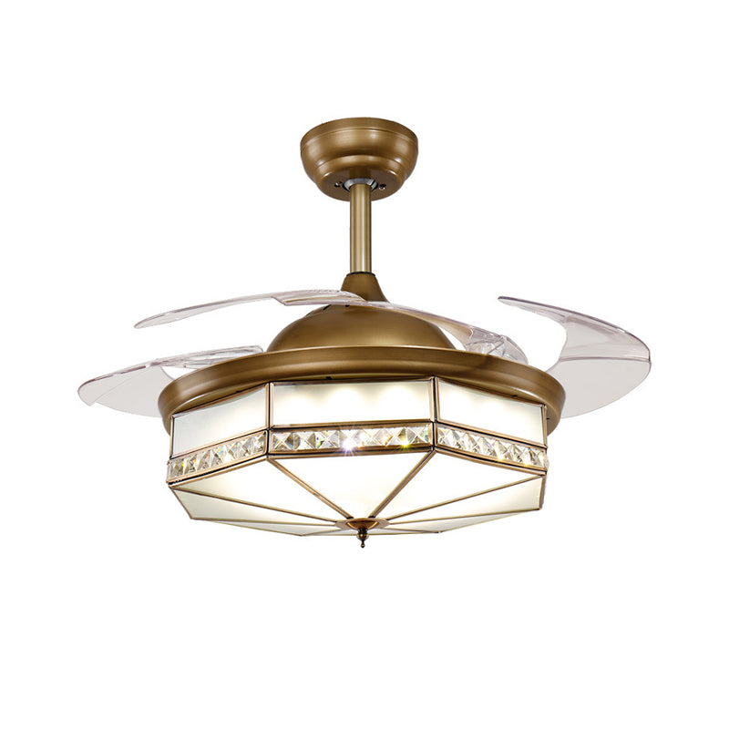 4 Blades Classic Geometric Shaped Ceiling Fan Light Frost Glass 42" Wide LED Semi Mount Lighting in Brass