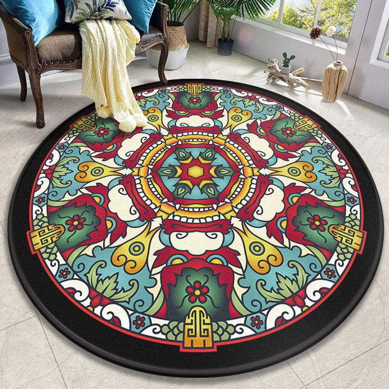 Colorful Mandala Rug Polyester Turkish Indoor Rug Anti-Slip Backing Machine Washable Pet Friendly Carpet for Sitting Room