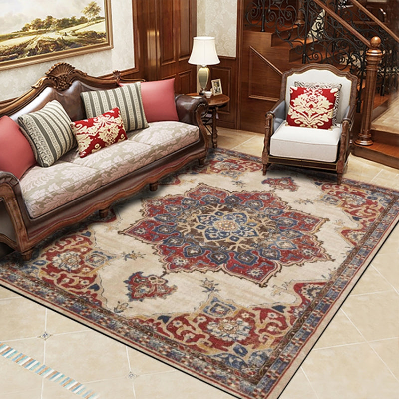 Retro Multicolor Moroccan Rug Synthetics Floral Patterned Rug Anti-Slip Washable Pet Friendly Carpet for Family Room
