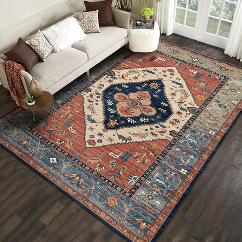 Persian Living Room Rug Multi Colored Geometric Carpet Polyester Pet Friendly Stain Resistant Anti-Slip Backing Rug with Braided Trim