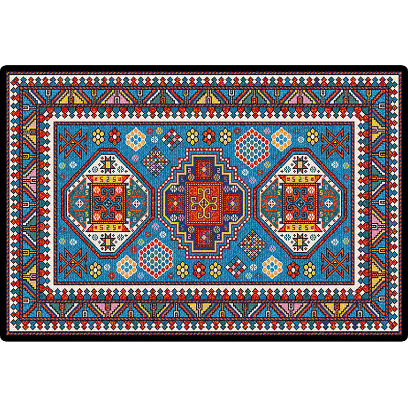 Turkish Meeting Room Area Rug Multicolor Symmetrical Tribal Pattern Rug Polypropylene Anti-Slip Stain Resistant Washable Carpet