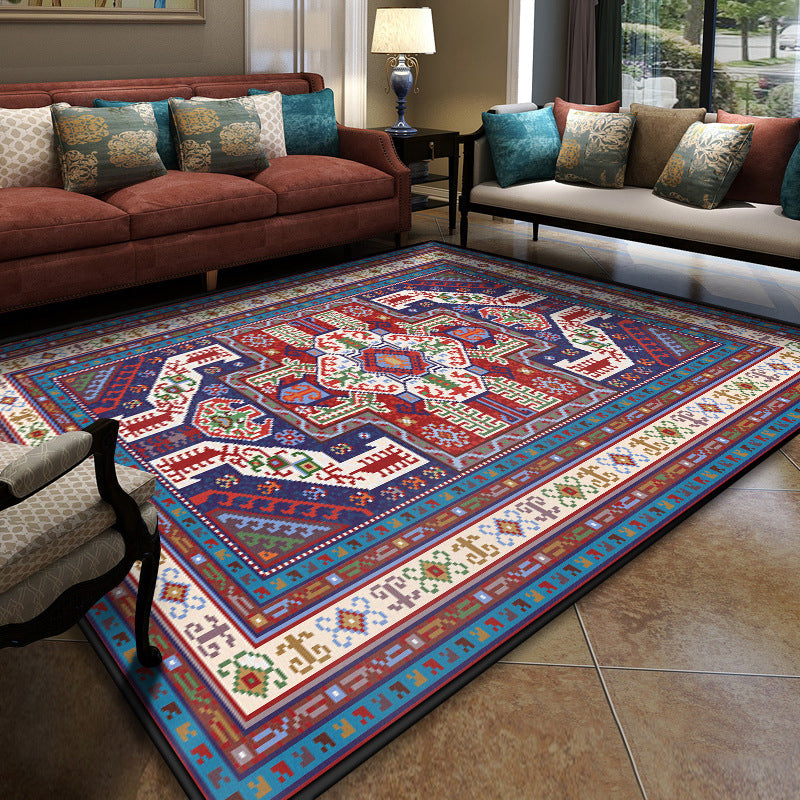 Turkish Meeting Room Area Rug Multicolor Symmetrical Tribal Pattern Rug Polypropylene Anti-Slip Stain Resistant Washable Carpet