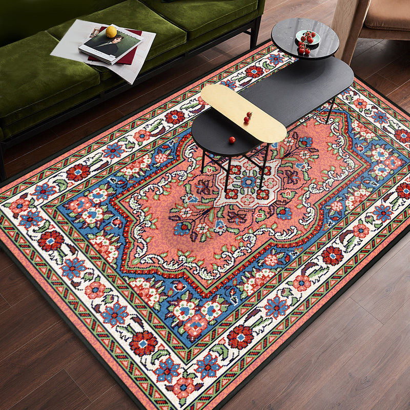 Persian Tribal Patterned Rug Multi-Color Polyester Carpet Stain Resistant Pet Friendly Anti-Slip Backing Rug for Bedroom