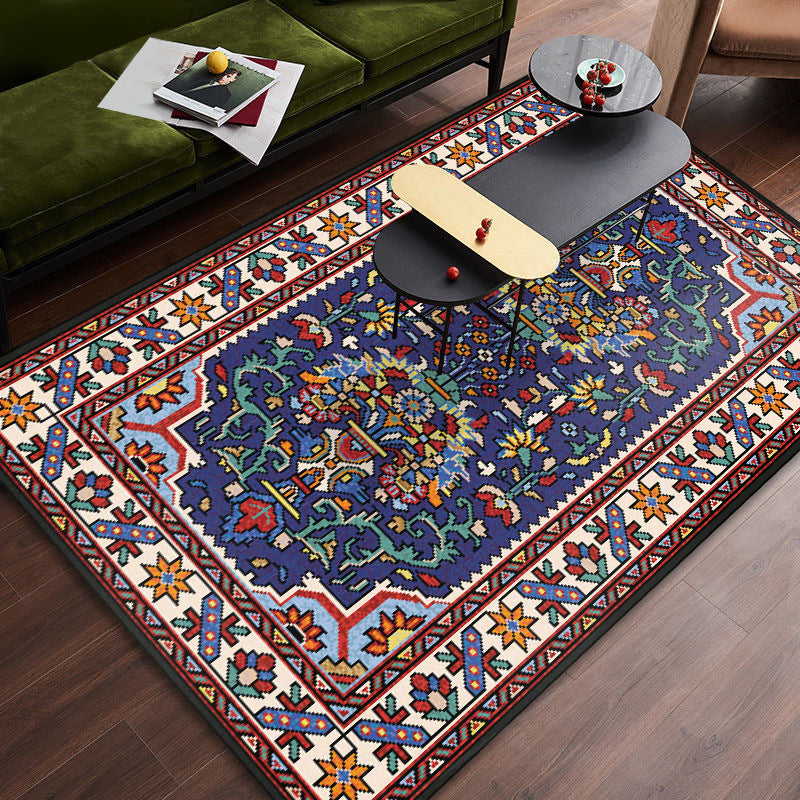 Persian Tribal Patterned Rug Multi-Color Polyester Carpet Stain Resistant Pet Friendly Anti-Slip Backing Rug for Bedroom