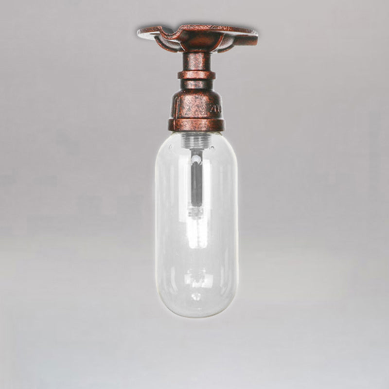 1 Light Ceiling Light Fixture Oval Shade Clear Glass Industrial Bathroom Semi Flush in Weathered Copper with Pipe Design
