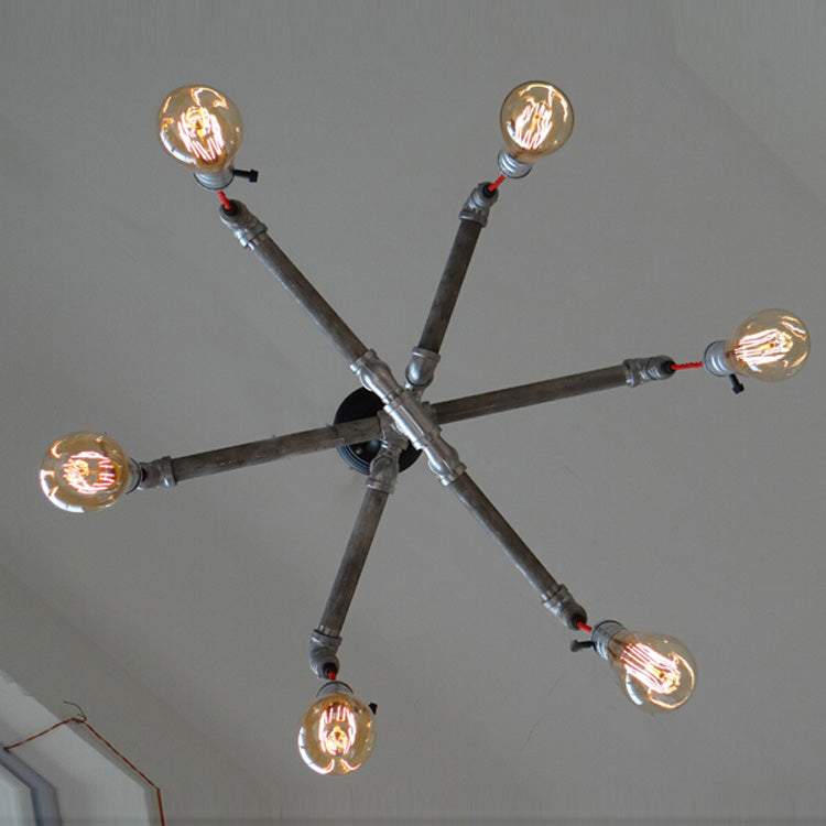 Lámpara de lámpara de lámpara de tubería de plata/bronce envejecida con bombilla expuesta de hierro rústico de 6/8 cabezas de colgación de interior