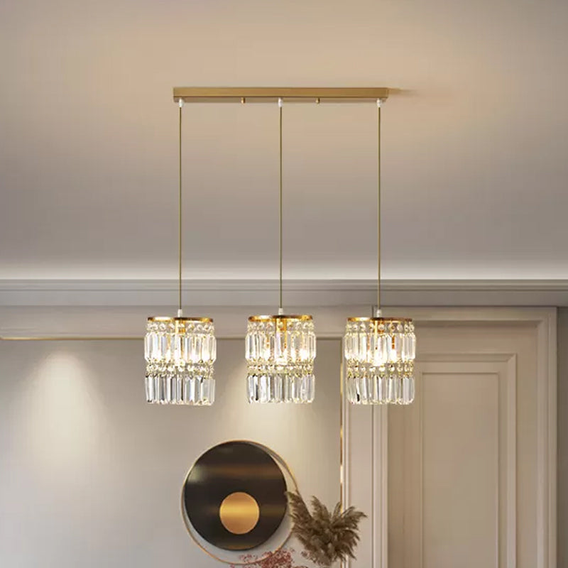 Crystal Prism Cylindrical Multi Pendant Modern 3 Heads Brass Ceiling Light with Round/Linear Canopy
