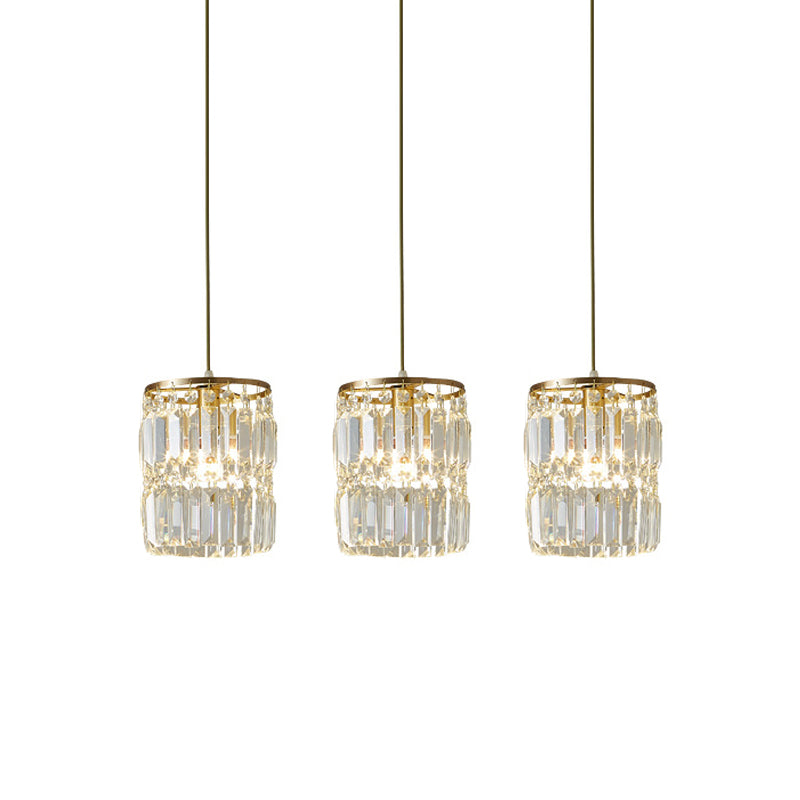 Crystal Prism Cylindrical Multi Pendant Modern 3 Heads Brass Ceiling Light with Round/Linear Canopy
