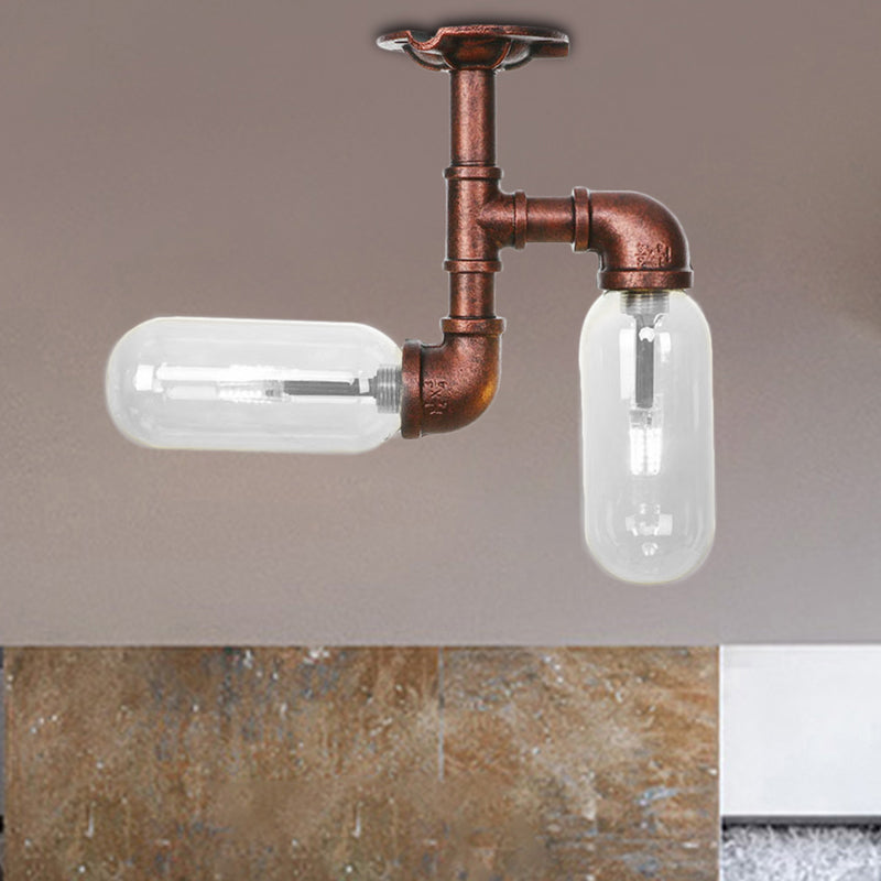 Capsule Shade Living Room Semi Flush Light Vintage Clear Glass 2 - Light Weathered Copper Soffitto Illuminazione con Pipe Design