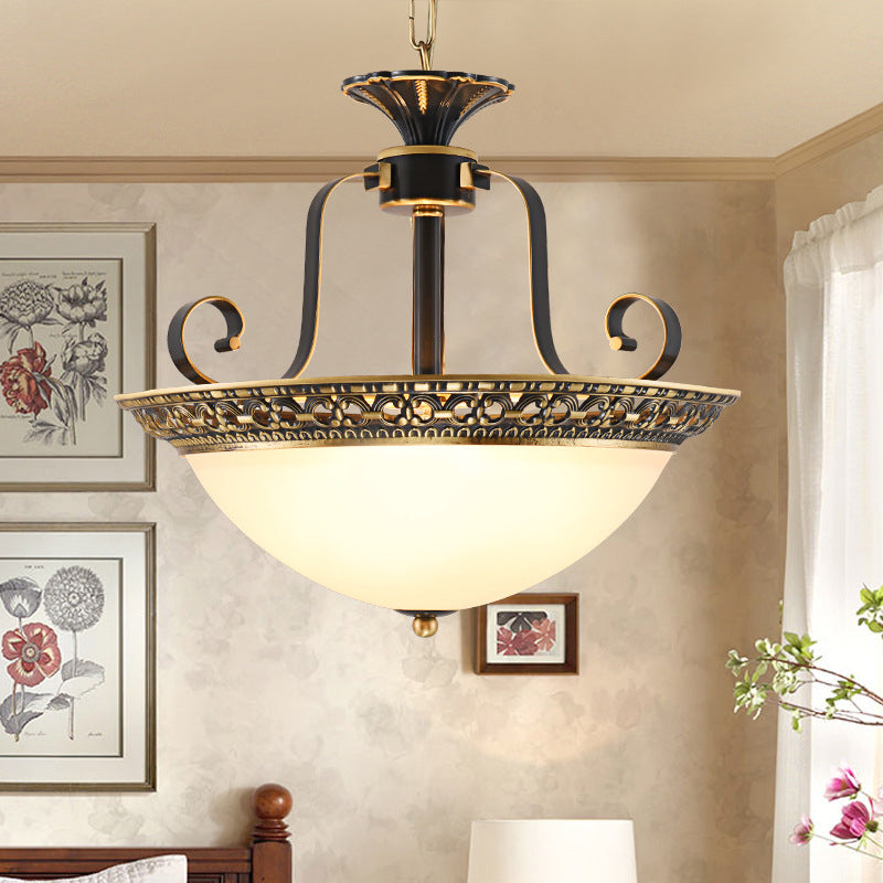 Metal Gray and Black Pendant Lamp Bowl 3 Light Traditional Chandelier Light Fixture with Frosted Glass Shade