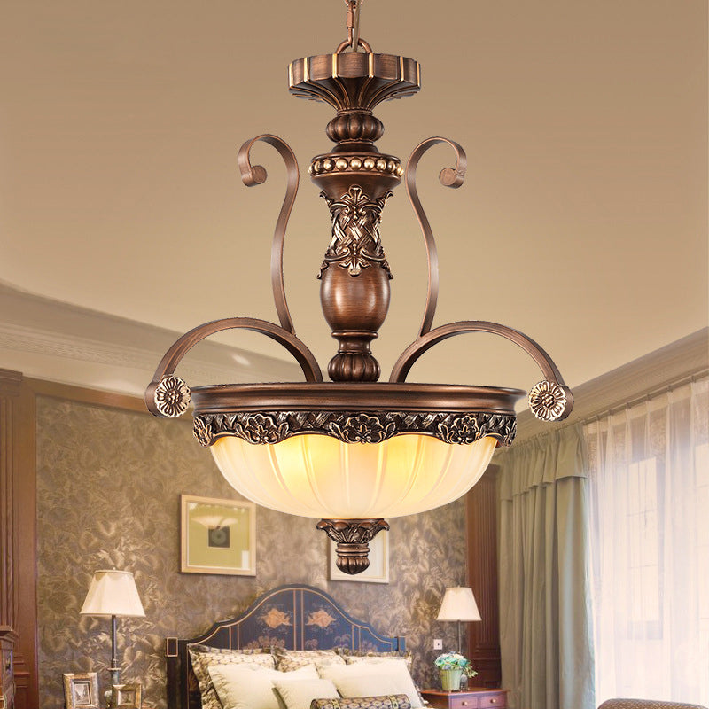 Rust Bowl Pendant Lighting Traditional Frosted Textured Glass 3 Light Bedroom Chandelier