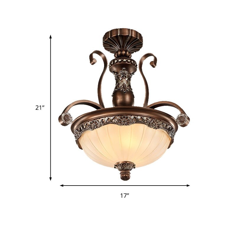 Rust Bowl Pendant Lighting Traditional Frosted Textured Glass 3 Light Bedroom Chandelier