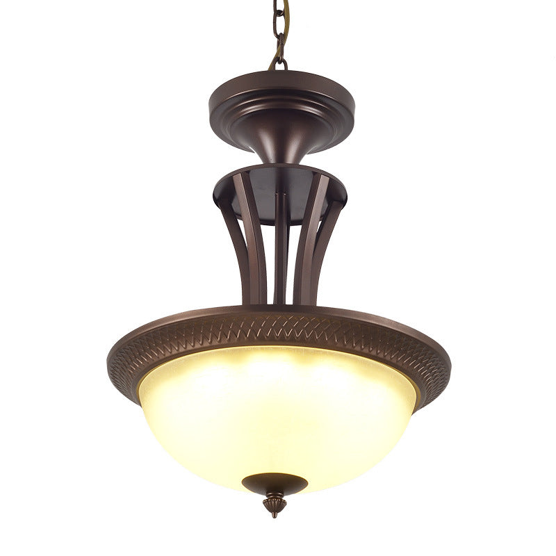 3 Light Chandelier Light with Bowl White Glass Shade Traditional Living Room Ceiling Lamp in Bronze
