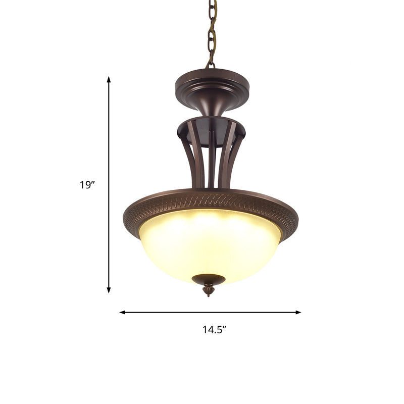 3 Light Chandelier Light with Bowl White Glass Shade Traditional Living Room Ceiling Lamp in Bronze