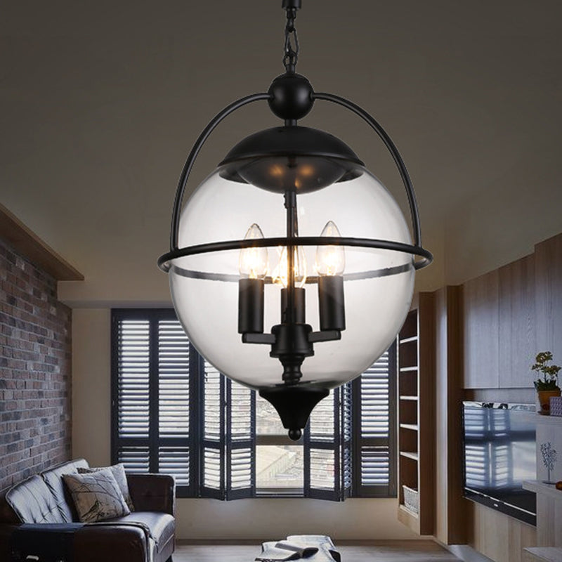 Globe en verre transparent lustre Light traditionnel 3 éclairage pendentif de salon léger en noir