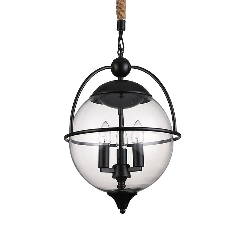 Globe en verre transparent lustre Light traditionnel 3 éclairage pendentif de salon léger en noir