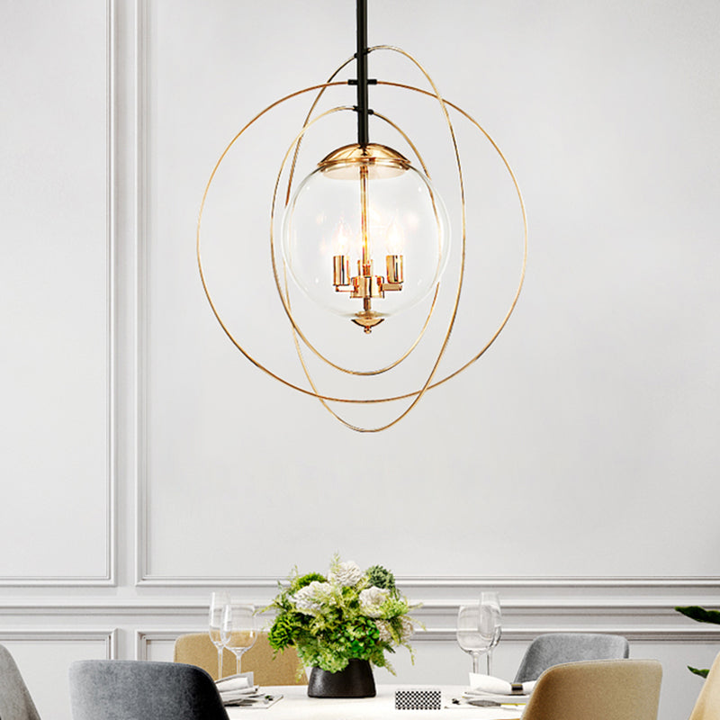Globe Clear Glass Chandelier Lighting Traditional 3 Light Dining Room Pendant Lighting in White with Ring Design