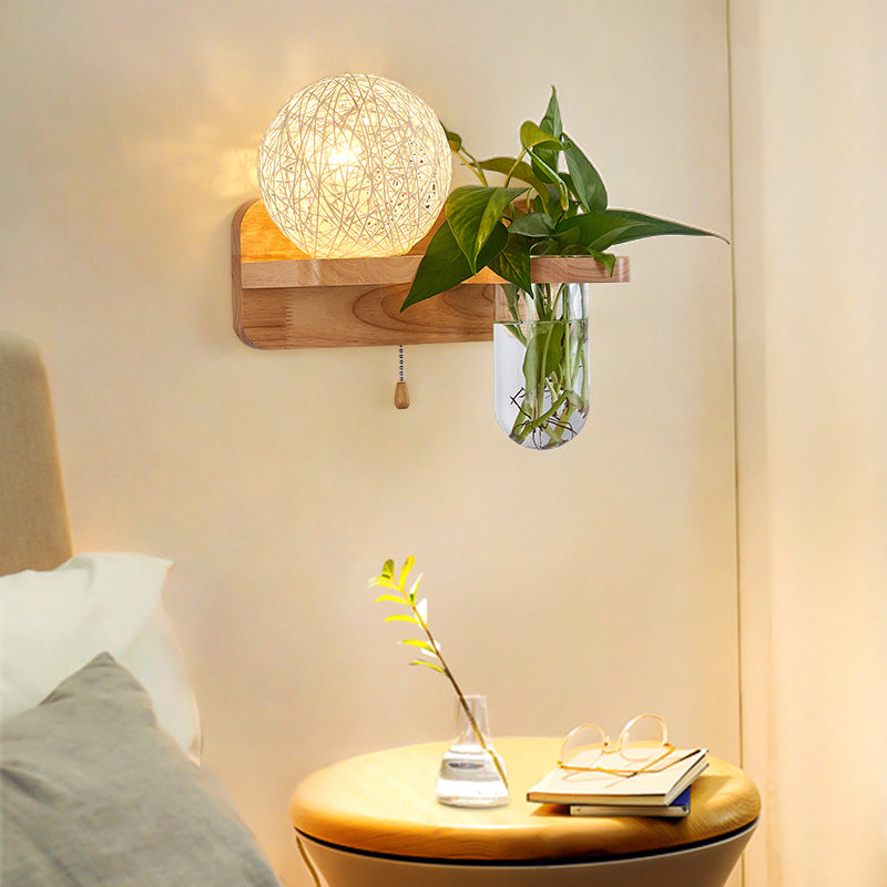 Sphere Shaped Bedside Sconce Lighting Rattan 1-Light Modern Wall Light Fixture with Pull Chain in Wood
