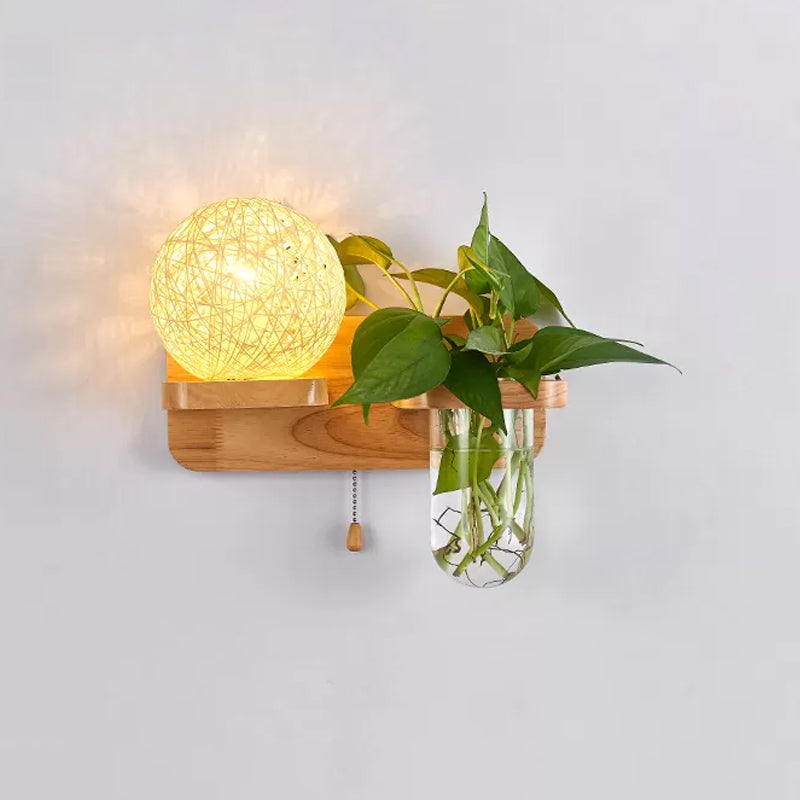 Sphere Shaped Bedside Sconce Lighting Rattan 1-Light Modern Wall Light Fixture with Pull Chain in Wood
