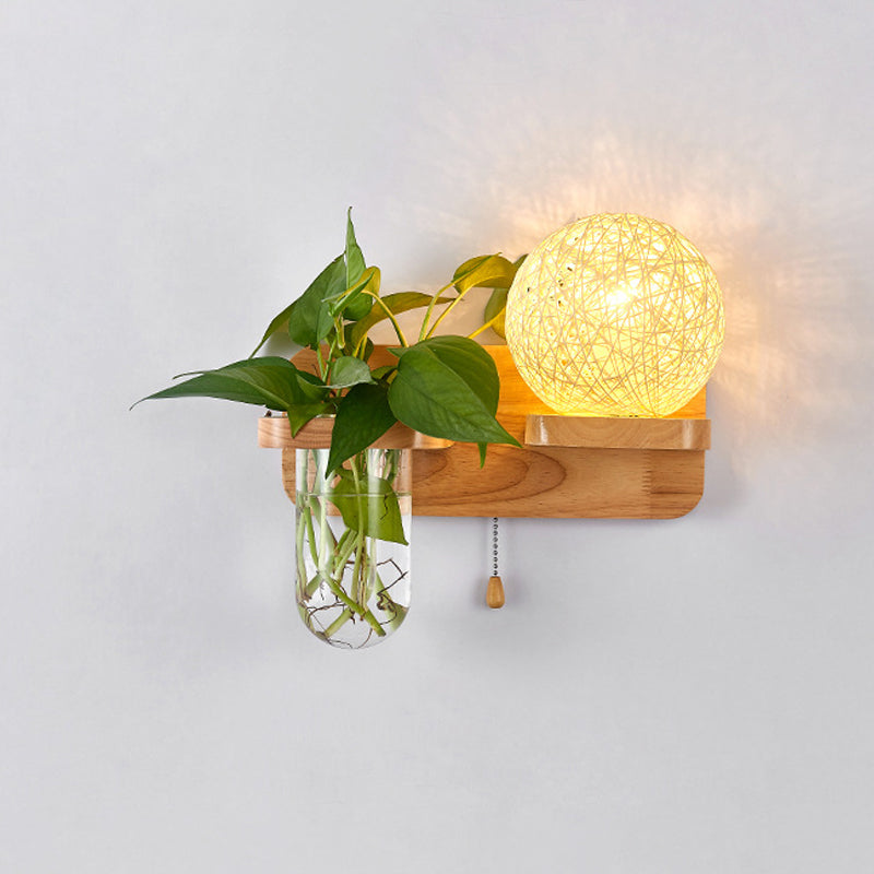 Sphere Shaped Bedside Sconce Lighting Rattan 1-Light Modern Wall Light Fixture with Pull Chain in Wood