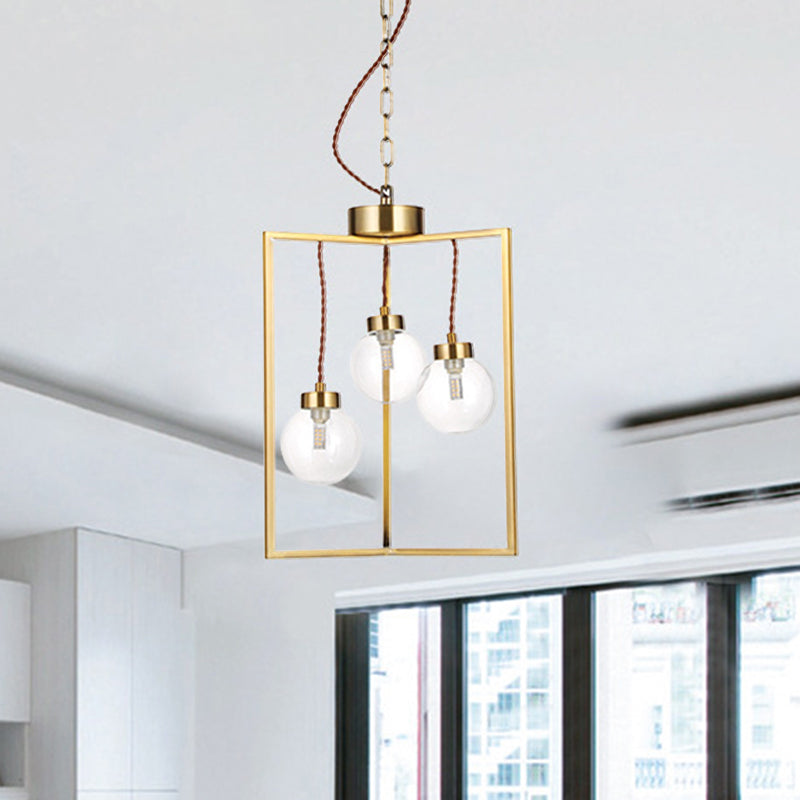 Brass 3/4 Lights Chandelier Light Fixture Traditional Clear Glass and Metal Rectangle Pendant Lamp
